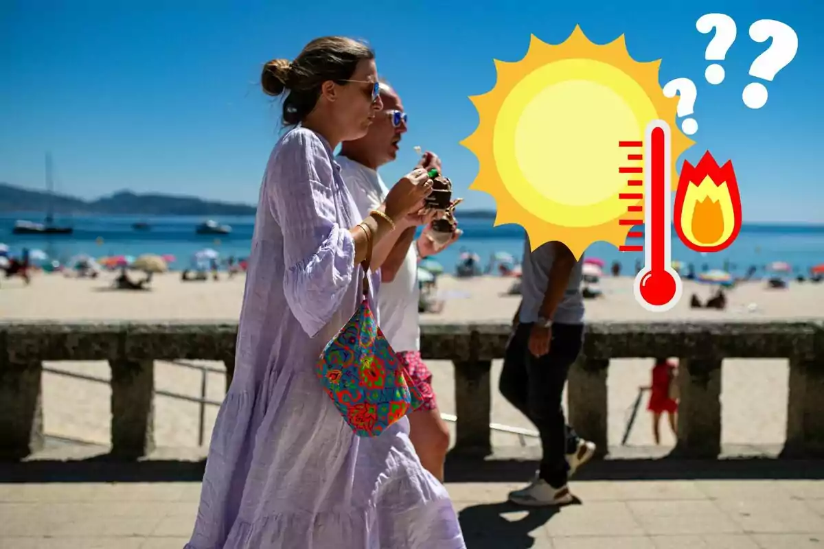 Persones caminant a la platja en un dia assolellat amb un gràfic de sol i termòmetre indicant calor.