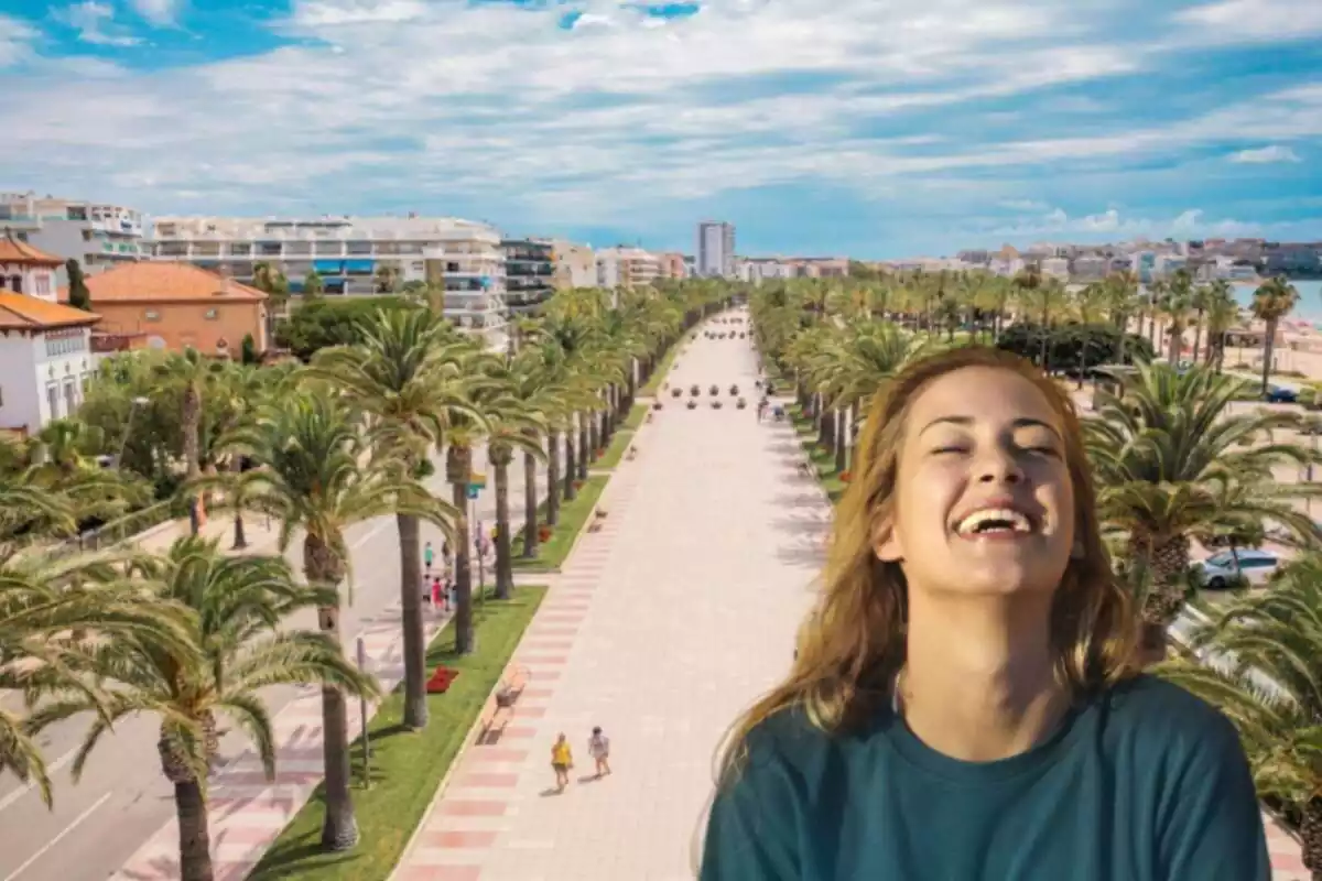 Muntatge del passeig de Saou des d'una vista aèria i una noia rient amb els ulls tancats