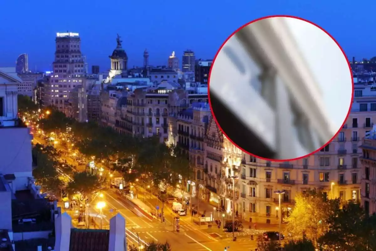 Muntatge de Passeig de Gràcia a Barcelona amb els llums encesos i una botiga Bershka desenfocada