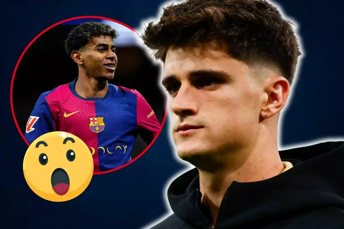 Un jugador de futbol amb la samarreta del Barcelona en un cercle i un altre jugador en primer pla amb una expressió seriosa, amb un emoji sorprès.