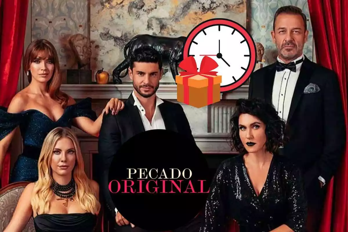 Muntatge dels personatges de 'Pecado Original', el logo del programa, un rellotge i un regal