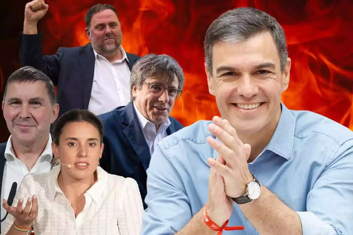 Muntatge Pedro Sanchez amb Arnaldo Otegui, Irene Montero, Carles Puigdemont i Oriol Junqueras