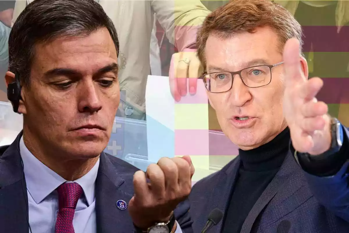 Muntatge de Pedro Sánchez i Feijóo amb una urna i les banderes de Galícia i Catalunya