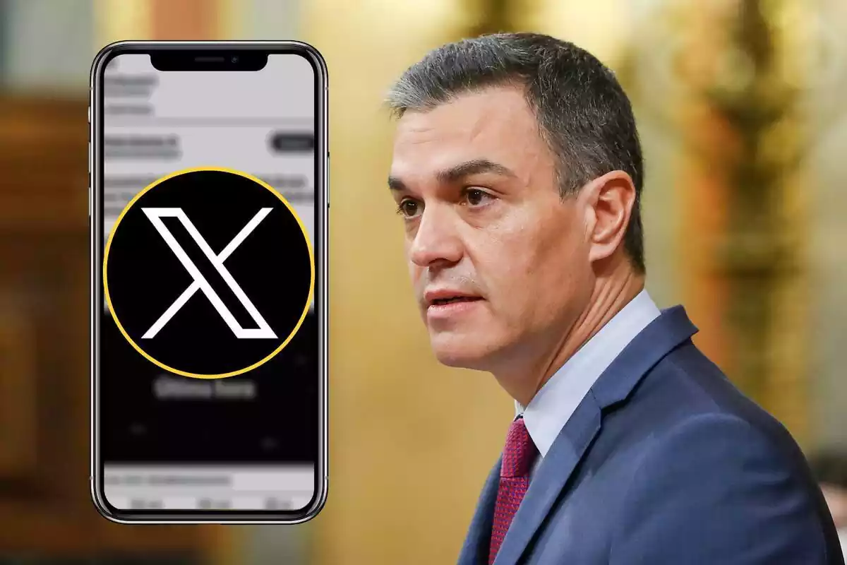 Muntatge de Pedro Sánchez al Congrés dels Diputats i un telèfon mòbil amb el logo de X