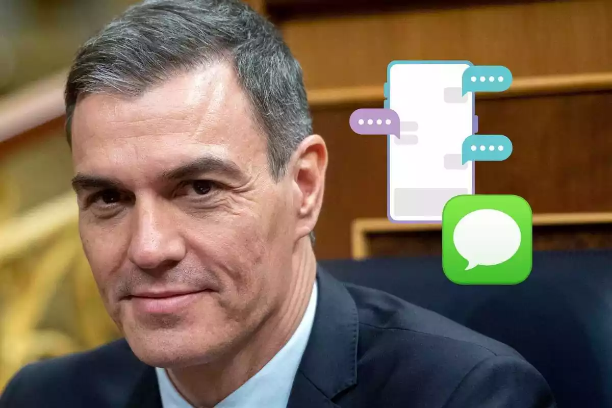 Muntatge de Pedro Sánchez somrient amb un mòbil amb missatges i el logo de Missatges
