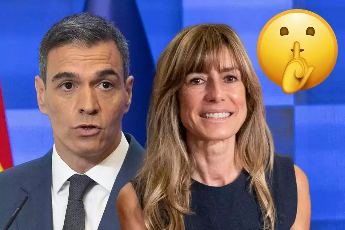 Pedro Sánchez i Begoña Gómez posen juntes amb un emoji de silenci a la cantonada superior dreta.