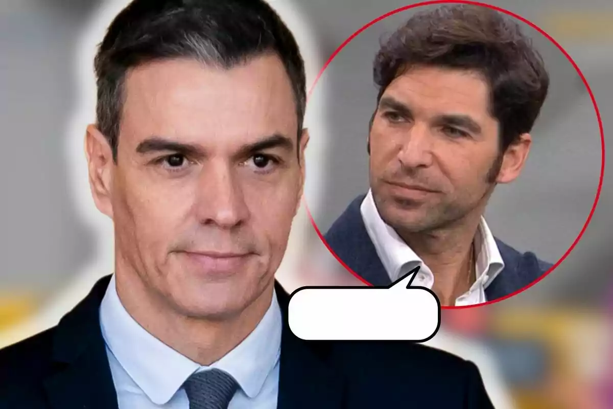 Pedro Sánchez i Cayetano Rivera en un muntatge fotogràfic, un en primer pla amb vestit i corbata i un altre en un cercle vermell, amb una bombolla de diàleg buida.