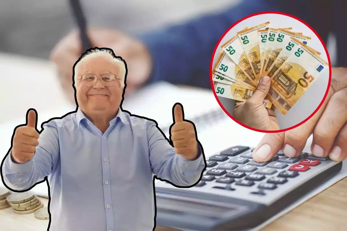Un home gran, amb els polzes enlaire, sobre una imatge de calculadora al fons, i al cercle, uns bitllets d'euros