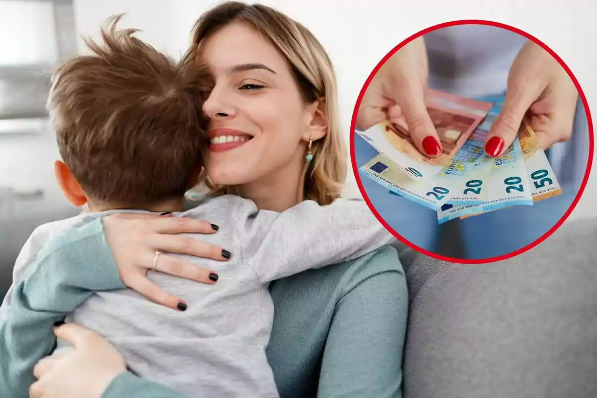 Una mare abraça el seu fill, i al cercle, uns bitllets d'euro