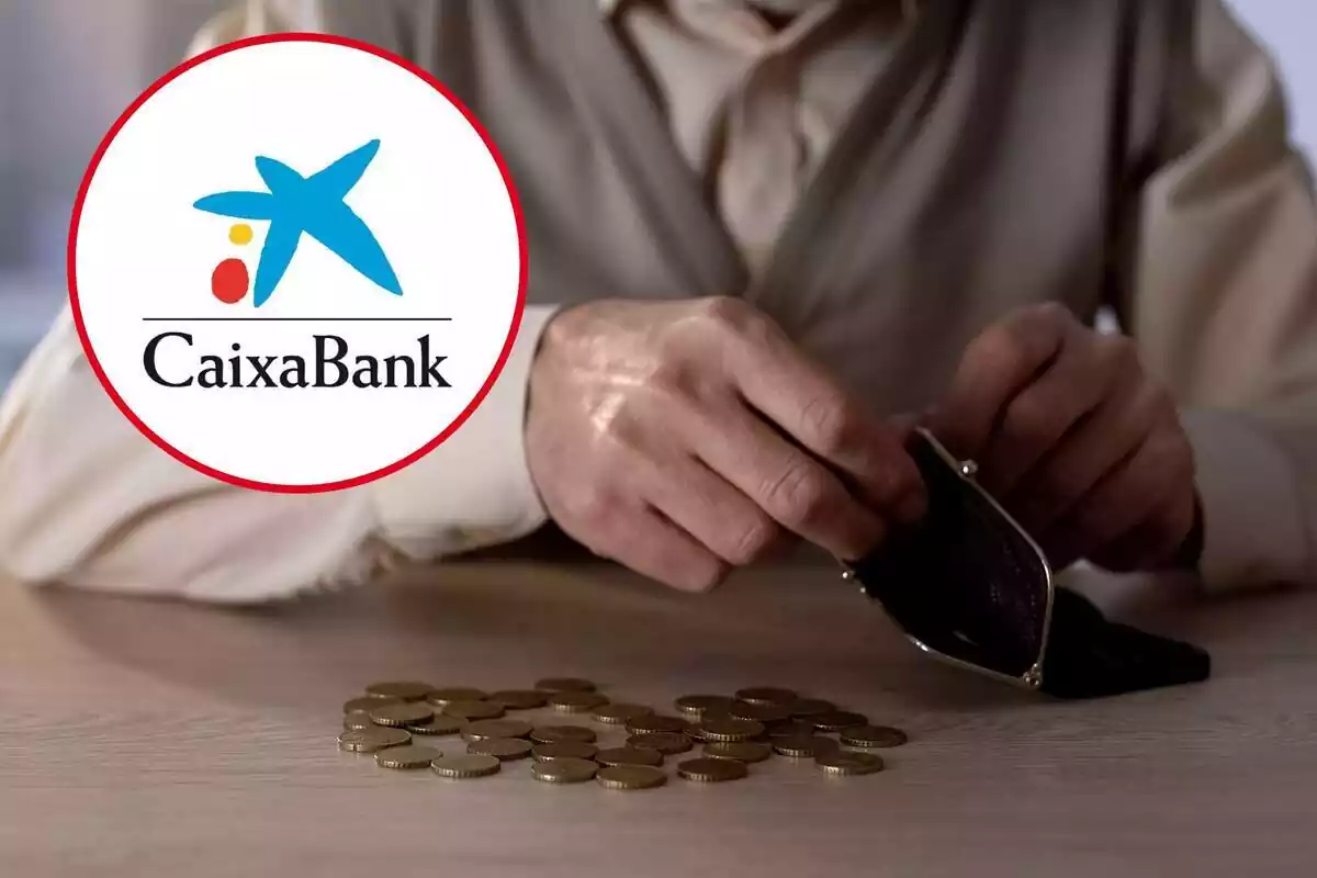 Muntatge d'un pensionista, unes monedes i el logotip de CaixaBank