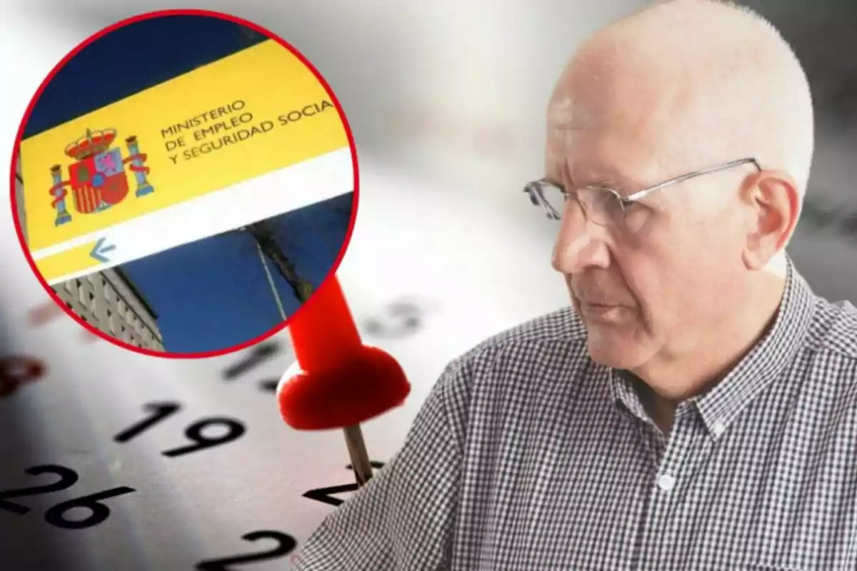 Un hombre mayor con gafas aparece junto a un calendario y un cartel del Ministerio de Empleo y Seguridad Social de España. Un hombre mayor con gafas aparece junto a un calendario y un cartel del Ministerio de Empleo y Seguridad Social de España.