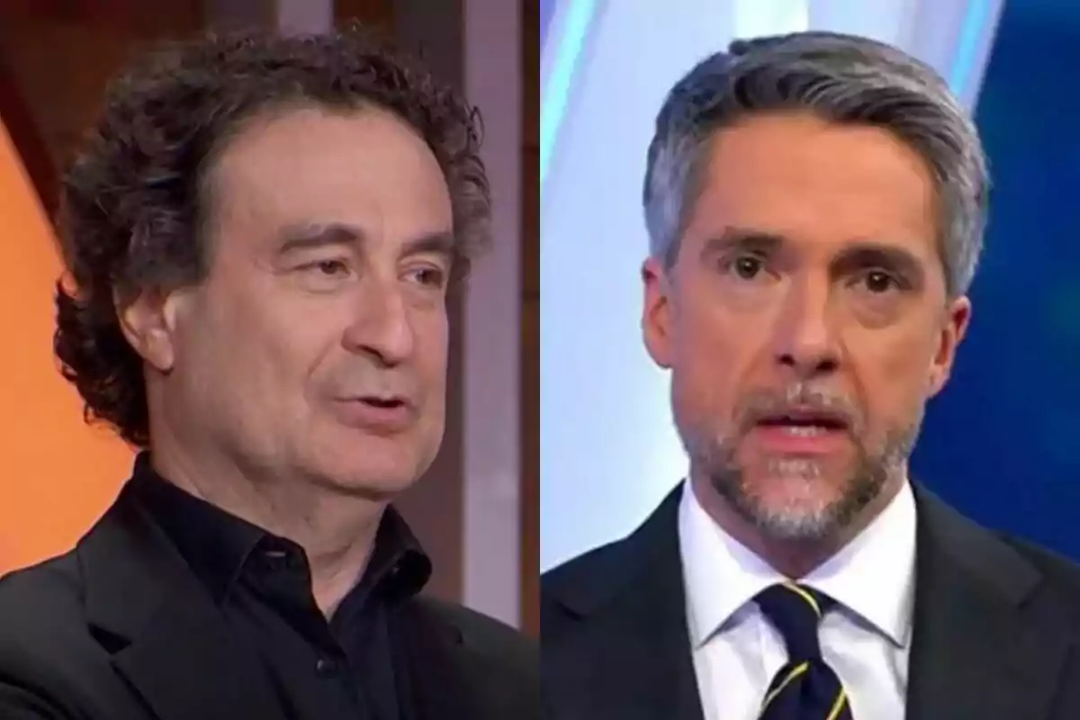 Muntatge de Pepe Rodríguez parlant a MasterChef Celebrity a l'esquerra amb Carlos Franganillo amb expressió seriosa a Informativos telecinco a la dreta.