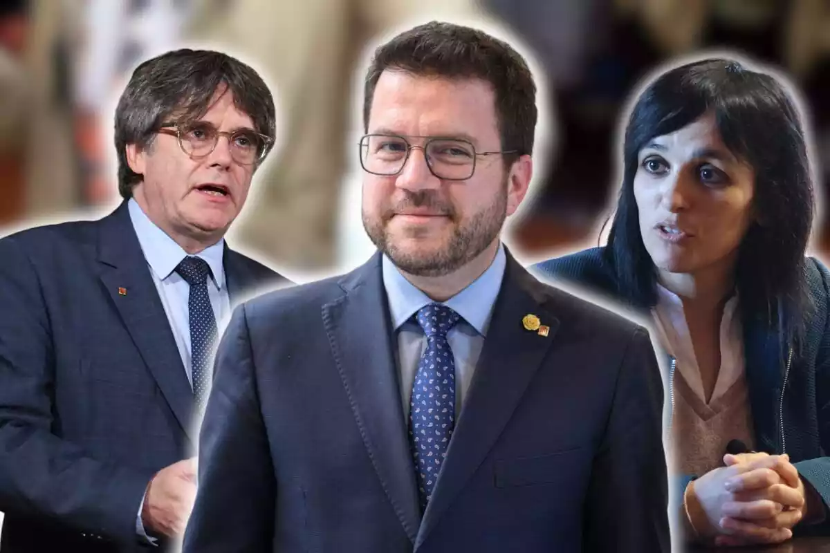 Muntatge de Pere Aragonès amb Carles Puigdemont i Silvia Orriols