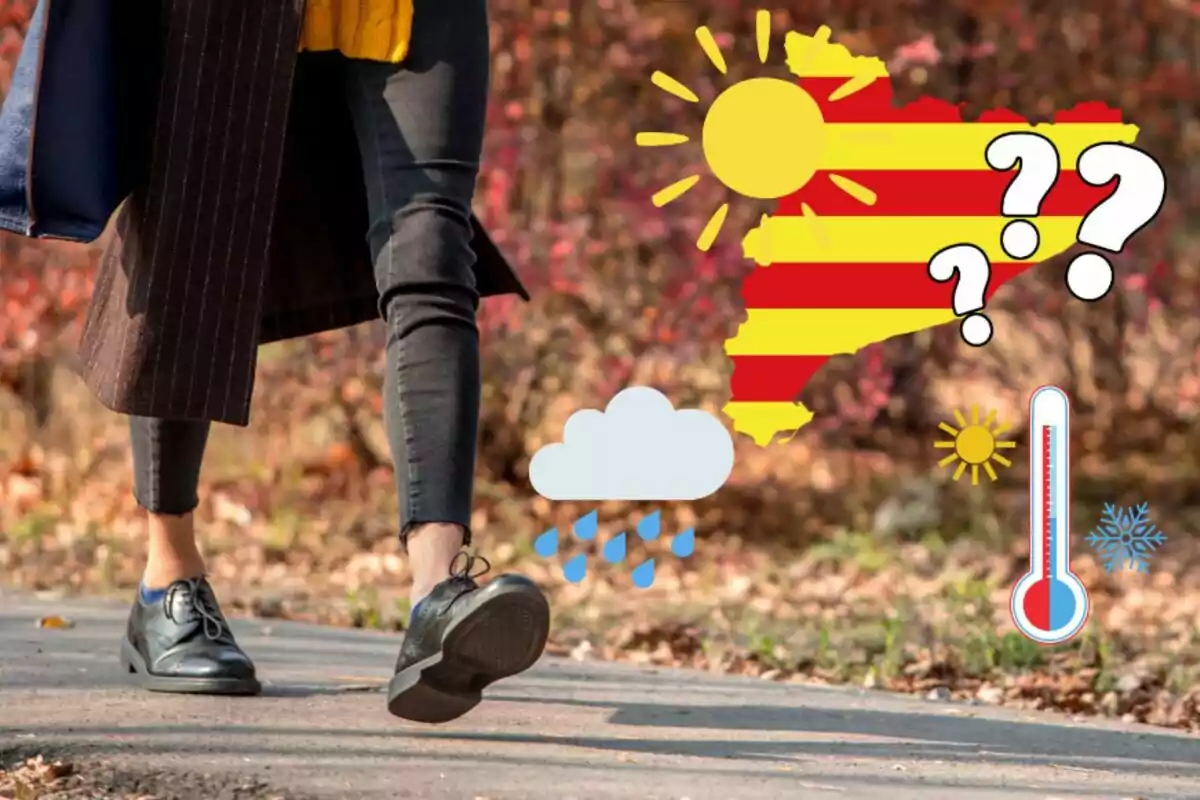 Person walking in a park with weather icons and a map with question marks.