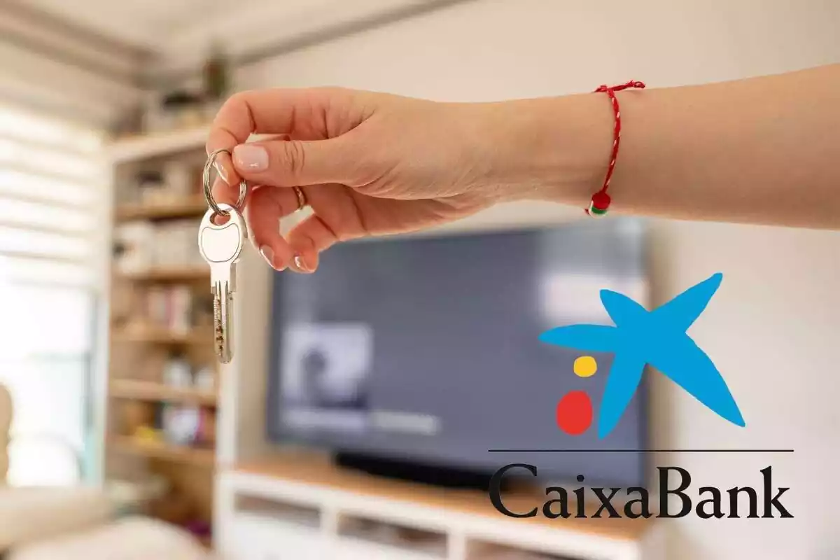 Montage of a person holding apartment keys in one hand and the CaixaBank logo