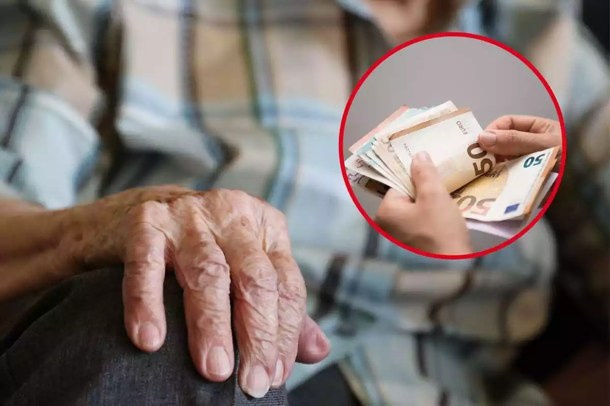 Primer pla de les mans d'una persona gran i la imatge de diversos bitllets d'euros al costat
