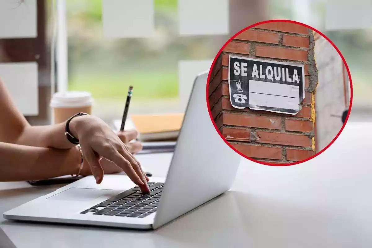 Muntatge d'una persona amb una mà al teclat de l'ordinador i l'altra amb un llapis i un cartell de 'Se Alquila'