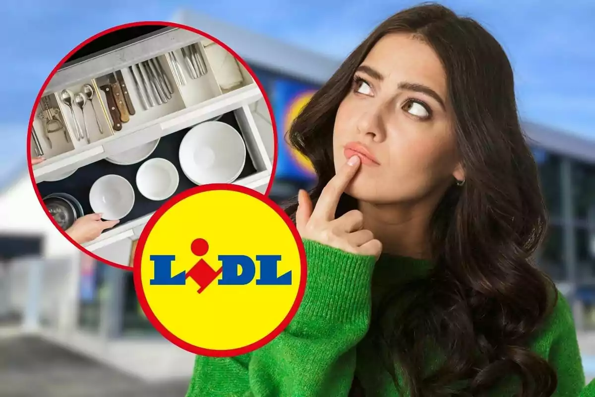 Una dona pensativa amb un suèter verd és davant d'un fons borrós d'una botiga Lidl, amb un cercle que mostra un calaix d'estris de cuina i el logotip de Lidl.