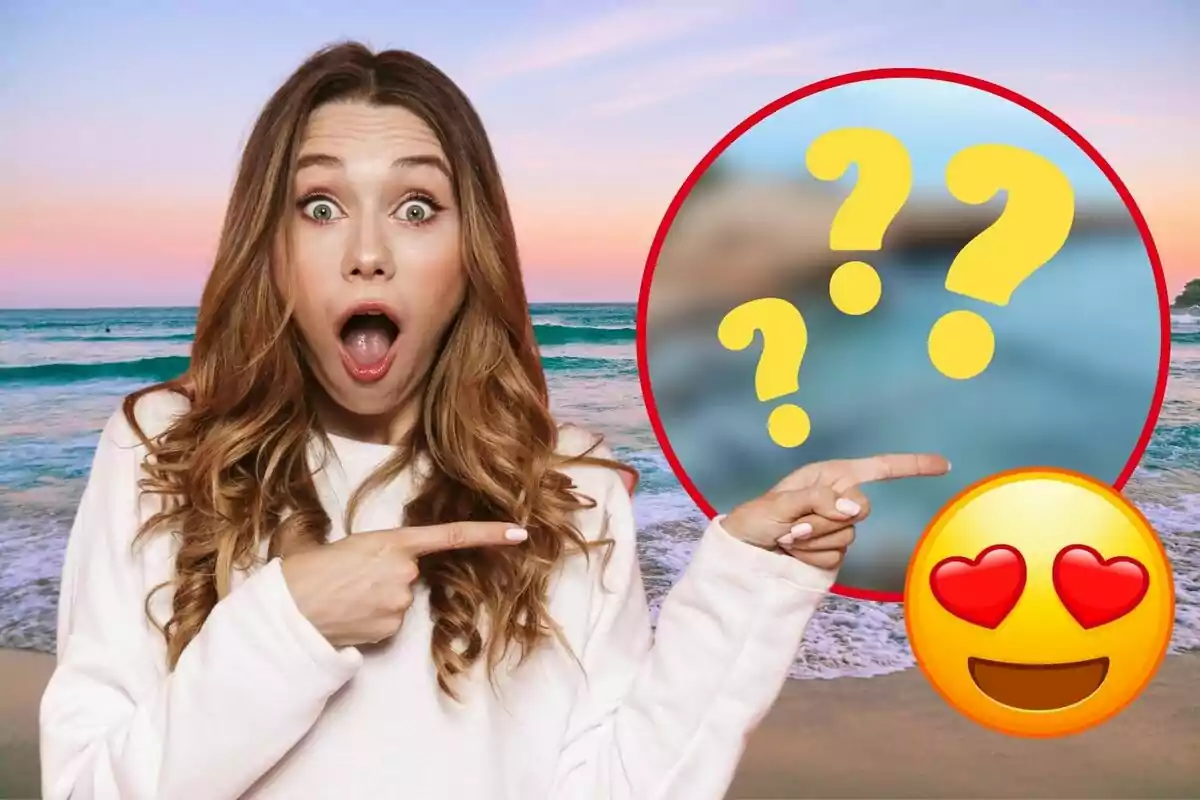 Una dona amb expressió de sorpresa i emoció, assenyalant cap a un cercle amb signes d'interrogació i un emoji d'ulls de cor, amb un fons de platja cap al tard.