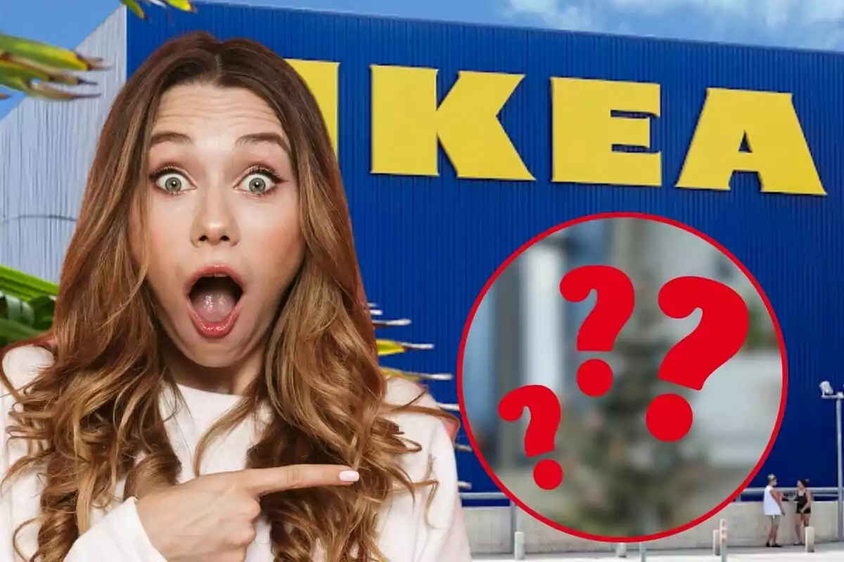 Dona sorpresa davant d'una botiga d'IKEA amb un cercle vermell que conté signes d'interrogació.