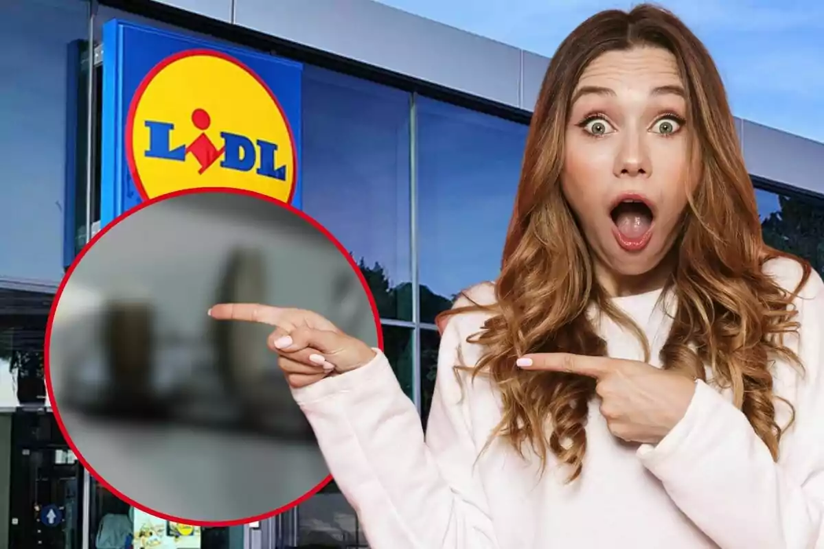 Dona sorpresa assenyalant alguna cosa davant una botiga Lidl.