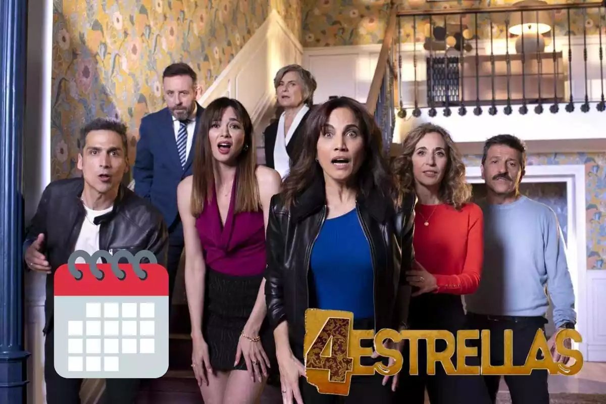 Muntatge amb els personatges de '4 estrellas' espantats en una escala, el logotip de la sèrie i un calendari