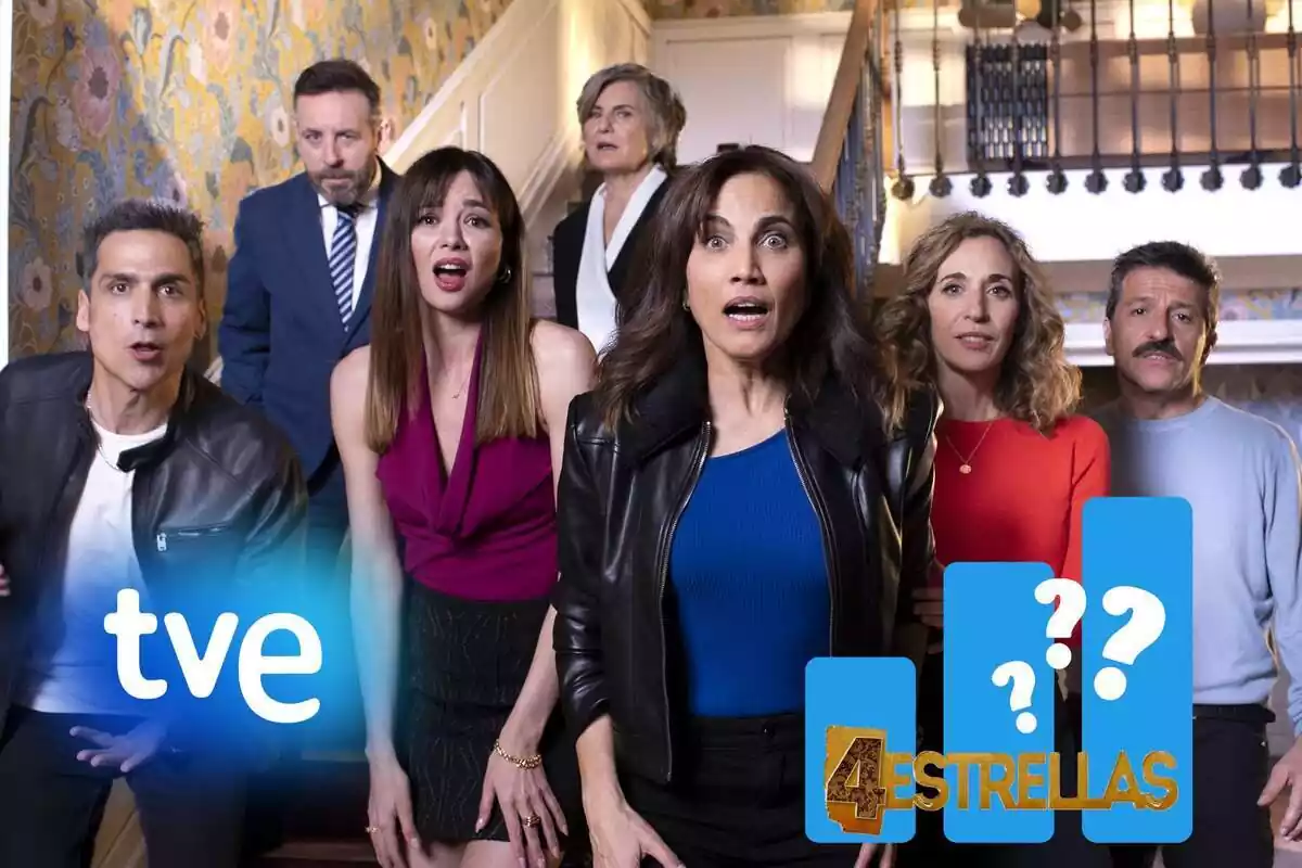 Muntatge amb els personatges de '4 estrellas' sorpresos, el logotip de TVE i la sèrie, i un gràfic amb interrogants blancs