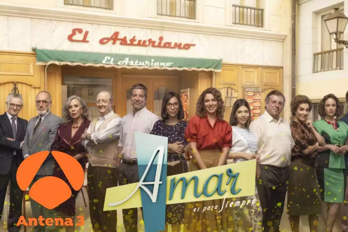 Muntatge d''Amar es para siempre' amb els personatges, el logotip de la sèrie i el d'Antena 3