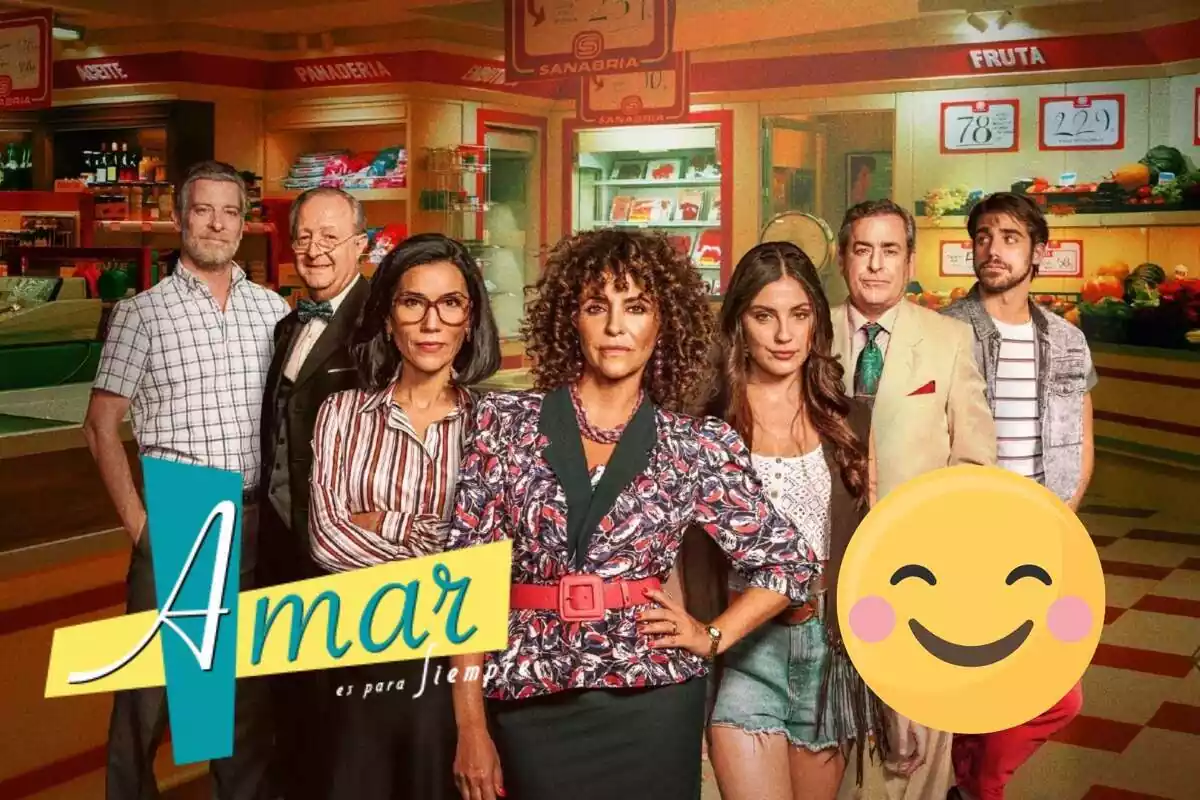 Muntatge amb alguns personatges d''Amar es para siempre', el logotip de la sèrie i un emoji feliç