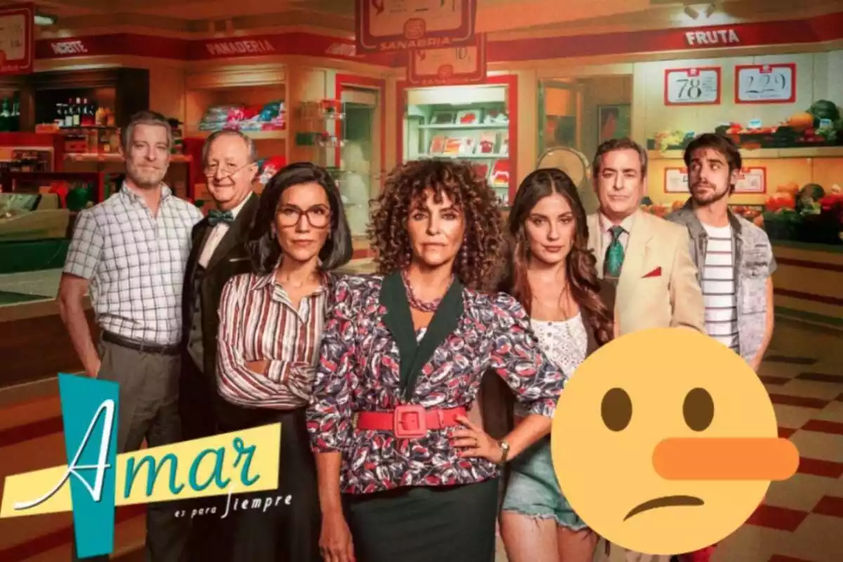 Muntatge amb els personatges d''Amar es para siempre', el logo de la sèrie i un emoji amb el nas llarg