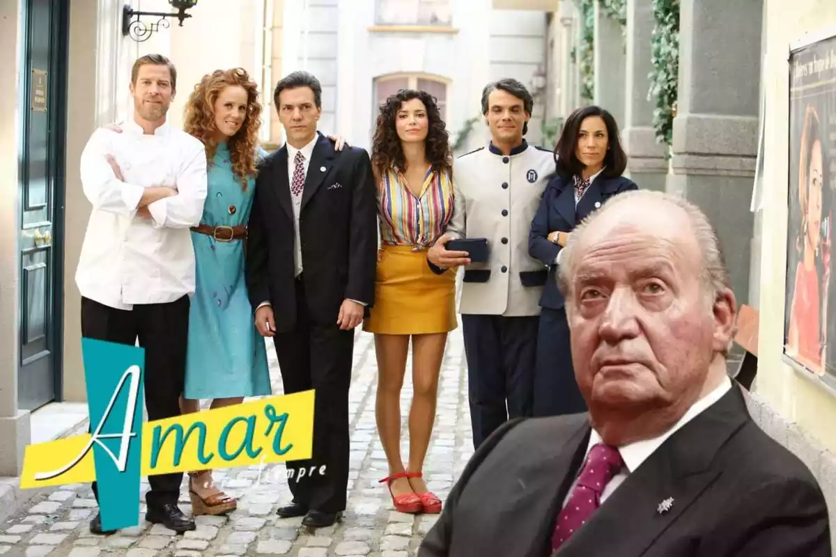 Muntatge amb els personatges d''Amar es para siempre', el logo de la sèrie i Juan Carlos I mirant cap amunt