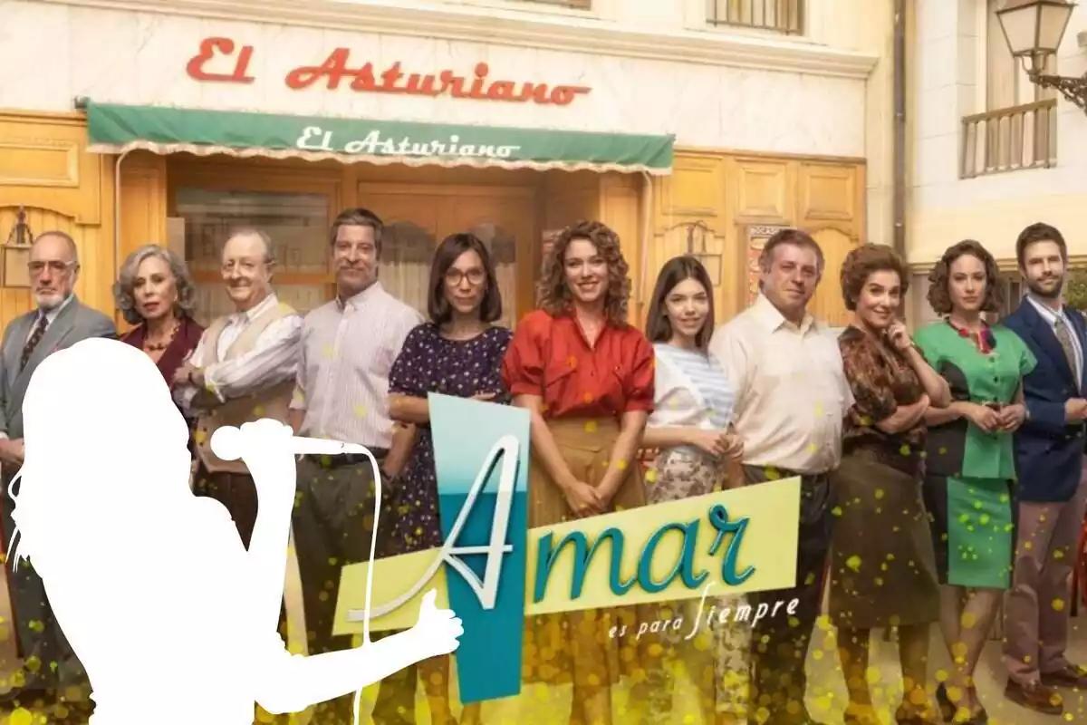 Muntatge amb els personatges d''Amar es para siempre' el logotip de la sèrie i una silueta d'una cantant