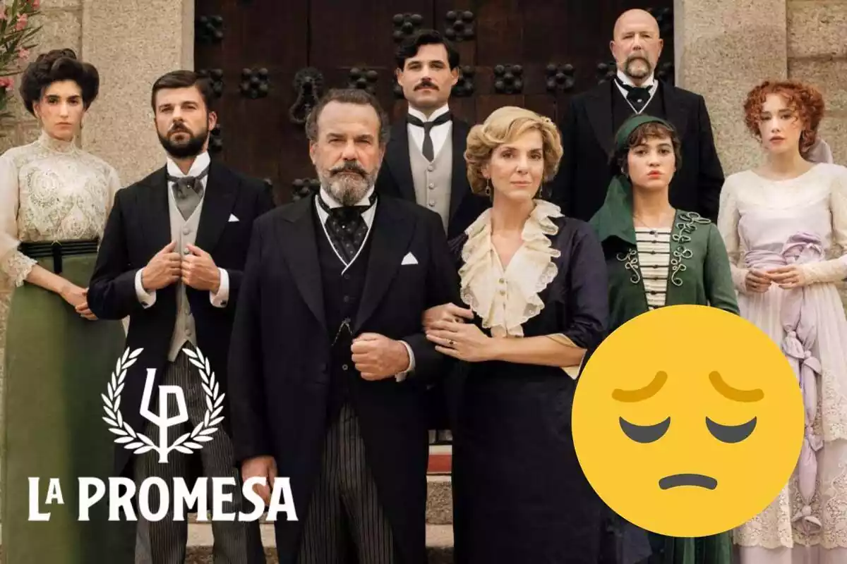 Muntatge dels personatges de 'La Promesa' amb el logo de la sèrie i un emoji trist
