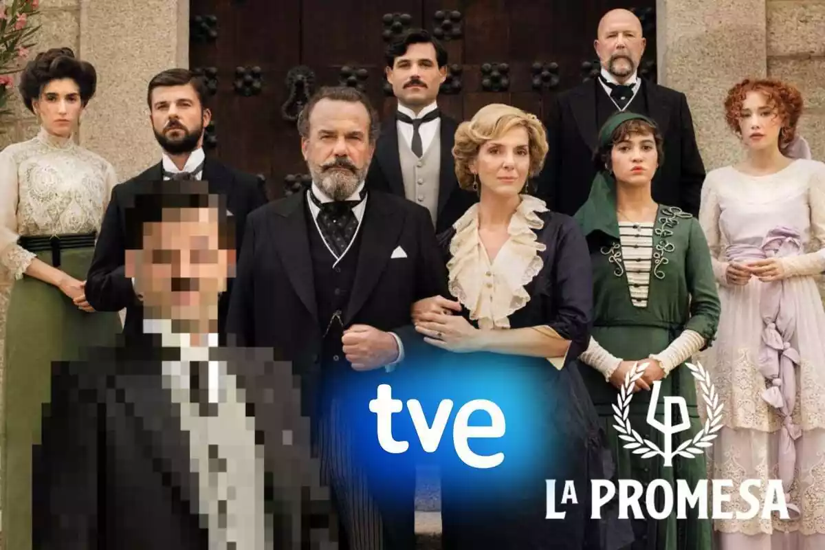 Muntatge amb els personatges de 'La Promesa', Manuel pixelado i els logos de TVE i la sèrie