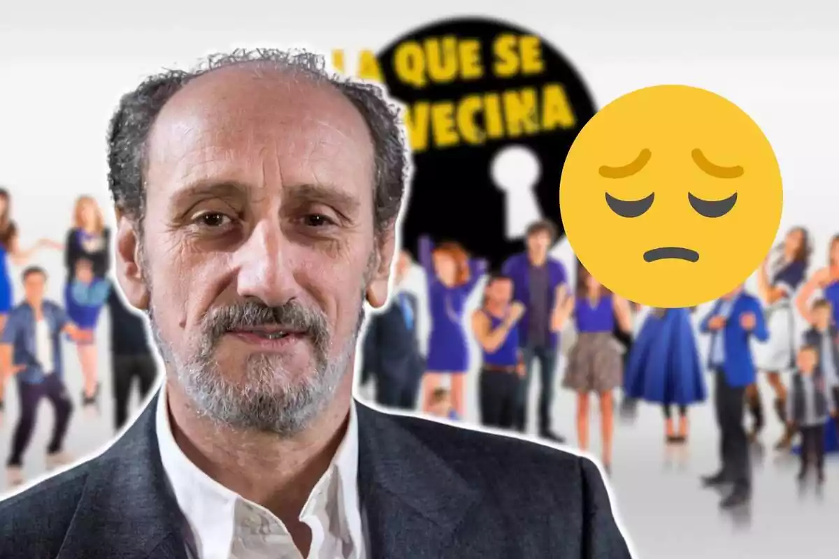 Muntatge dels personatges de 'La que s'avecina' i el seu logo, José Luis Gil somrient en vestit gris i camisa blanca i un emoji trist
