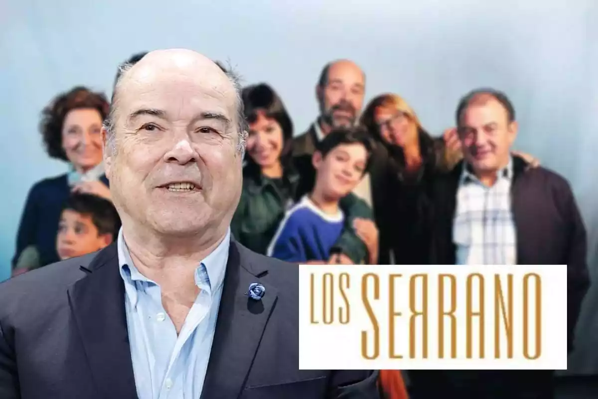Muntatge amb els personatges de 'Los Serrano' al fons, Antonio Resines somrient en vestit i el logo de la sèrie