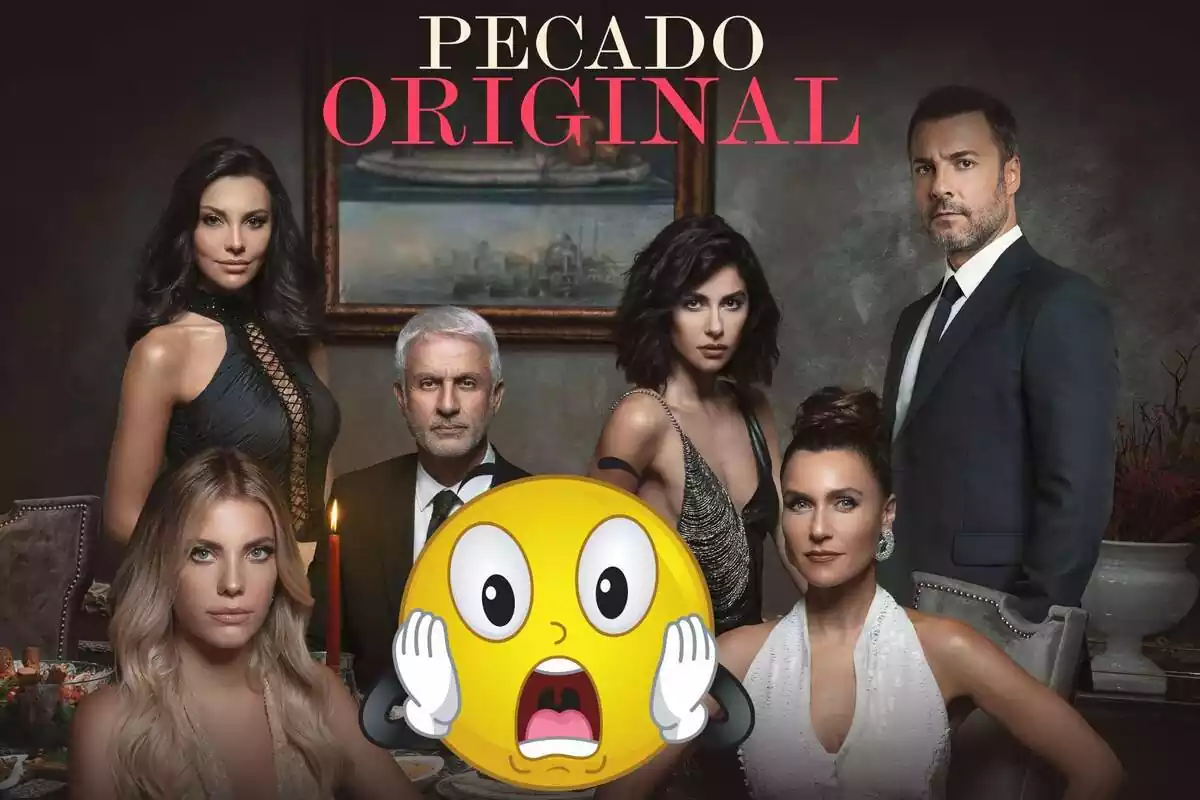 Muntatge amb els personatges de 'Pecado Original', el logo de la sèrie i un emoji de sorpresa