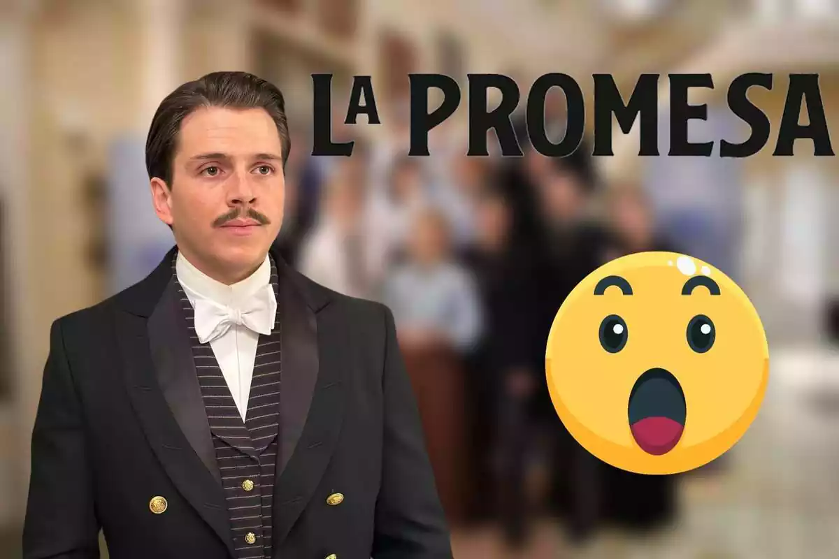 Muntatge amb els personatges de 'La Promesa' difuminats, el personatges de Feliciano, el logo de la sèrie i un emoji sorprès