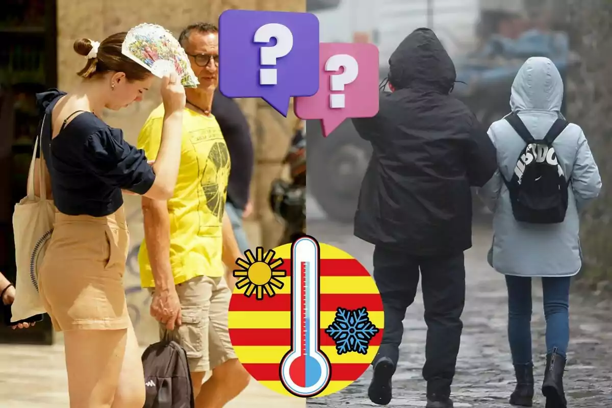 Persones caminant en clima càlid i fred, amb icones de sol, neu i un termòmetre al centre.