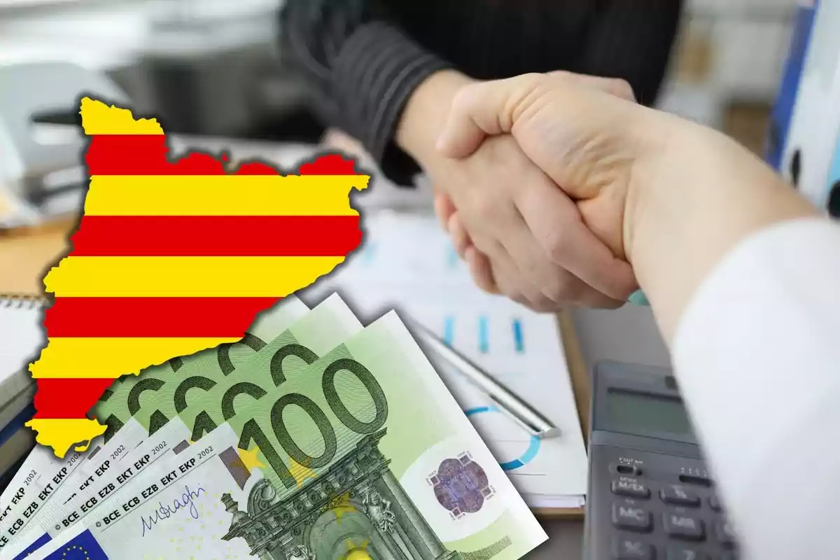 Muntatge amb dues persones donant-se la mà, la silueta de Catalunya i diversos bitllets de cent euros
