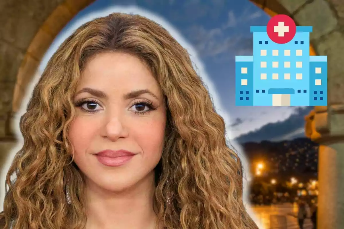 Shakira con cabello rizado en primer plano y un ícono de hospital en el fondo.