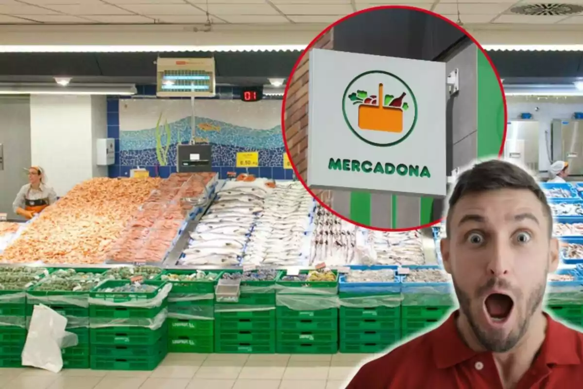 Hombre sorprendido frente a un mostrador de pescadería en un supermercado Mercadona.