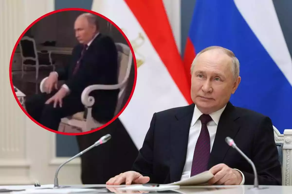 Vladimir Putin, assegut davant d'una taula, i al cercle, Putin tocant-se la cama esquerra