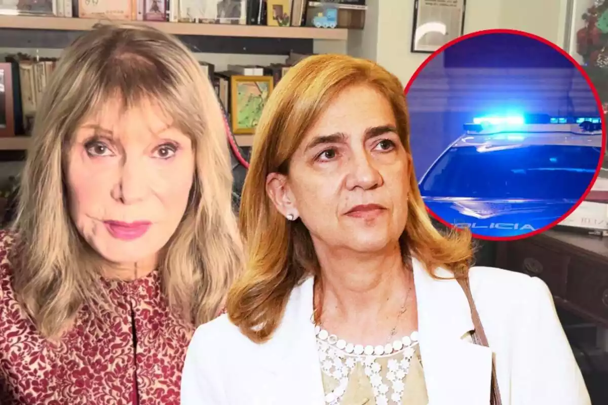 Muntatge amb Pilar Eyre al seu despatx asseguda, la infanta Cristina seria amb una americana blanca i uns llums d'un cotxe de policia