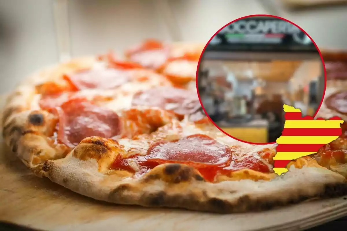 Una pizza de pepperoni sobre una taula de fusta amb un cercle que mostra un restaurant desenfocat i una gràfica d'una regió amb franges grogues i vermelles.