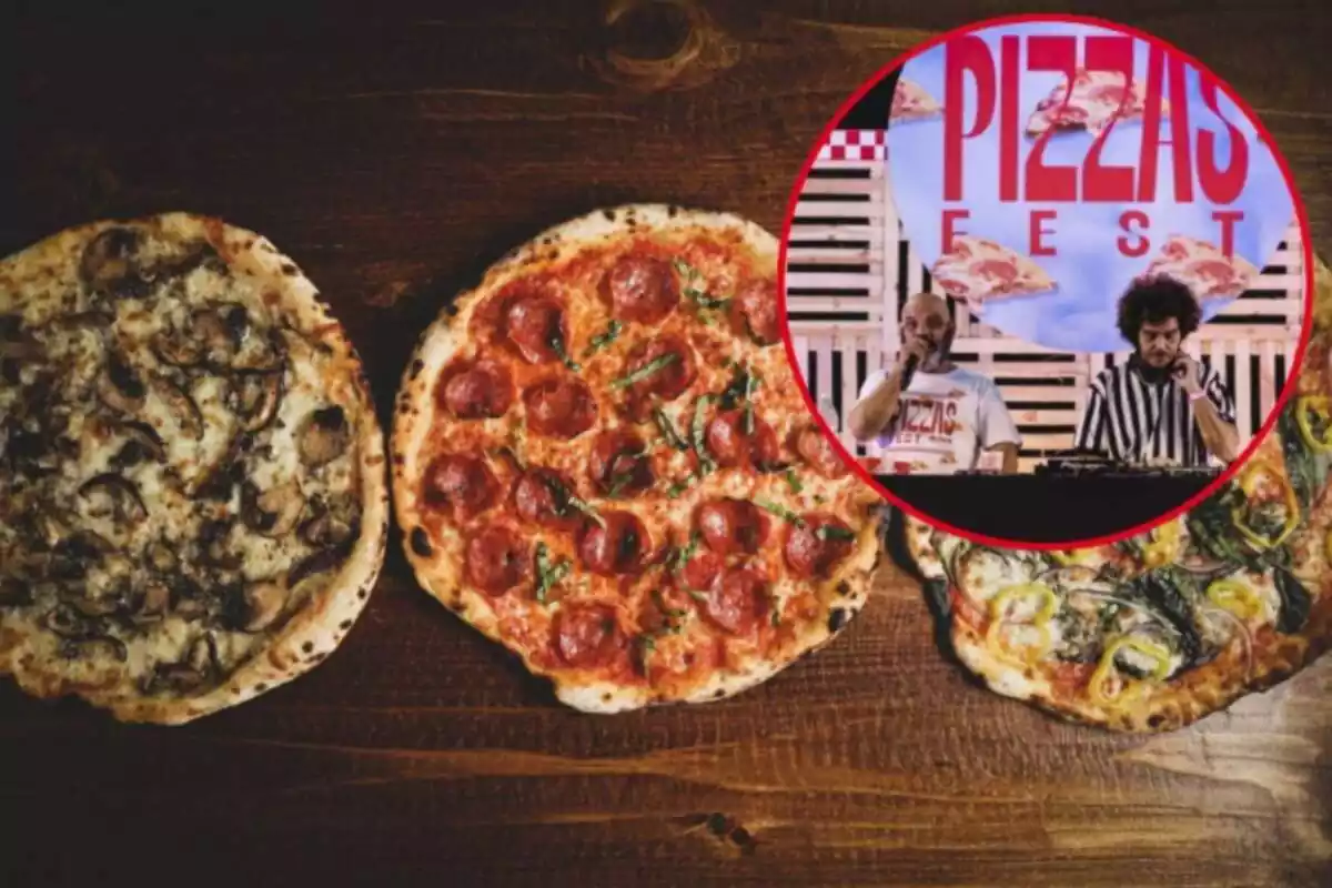 Muntatge de tres pizzes damunt una taula de fusta i el Pizzes Fest amb dos DJ