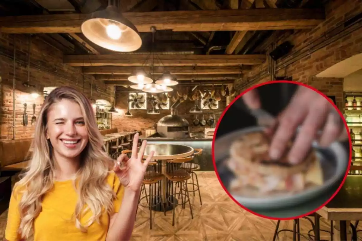 Muntatge de l'interior d'una pizzeria, una noia fent pinya i fent el senyal d'OK i algú tallant un bocata desenfocat