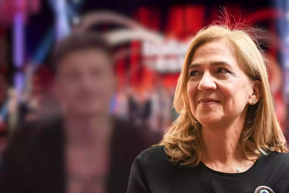 Muntatge del plató de 'Bailando con las estrellas', Jonan Wiergo desenfocat i la infanta Cristina somrient mirant de banda