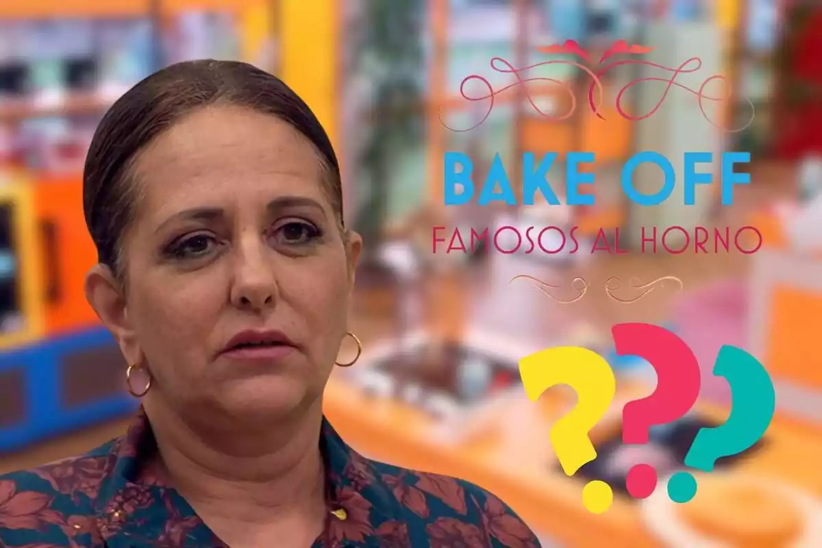 Muntatge del plató de 'Bake Off' al fons, Yolanda Ramos seria amb unes arracades de cèrcol, el logo del programa i uns interrogants