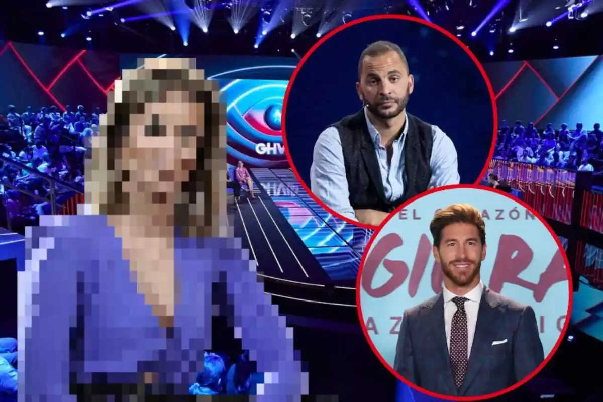 Muntatge amb el plató de 'Gran Hermano' al fons, Candela Acevedo pixelada, Antonio Tejado seriós amb els braços plegats i Sergio Ramos somrient amb una corbata morada